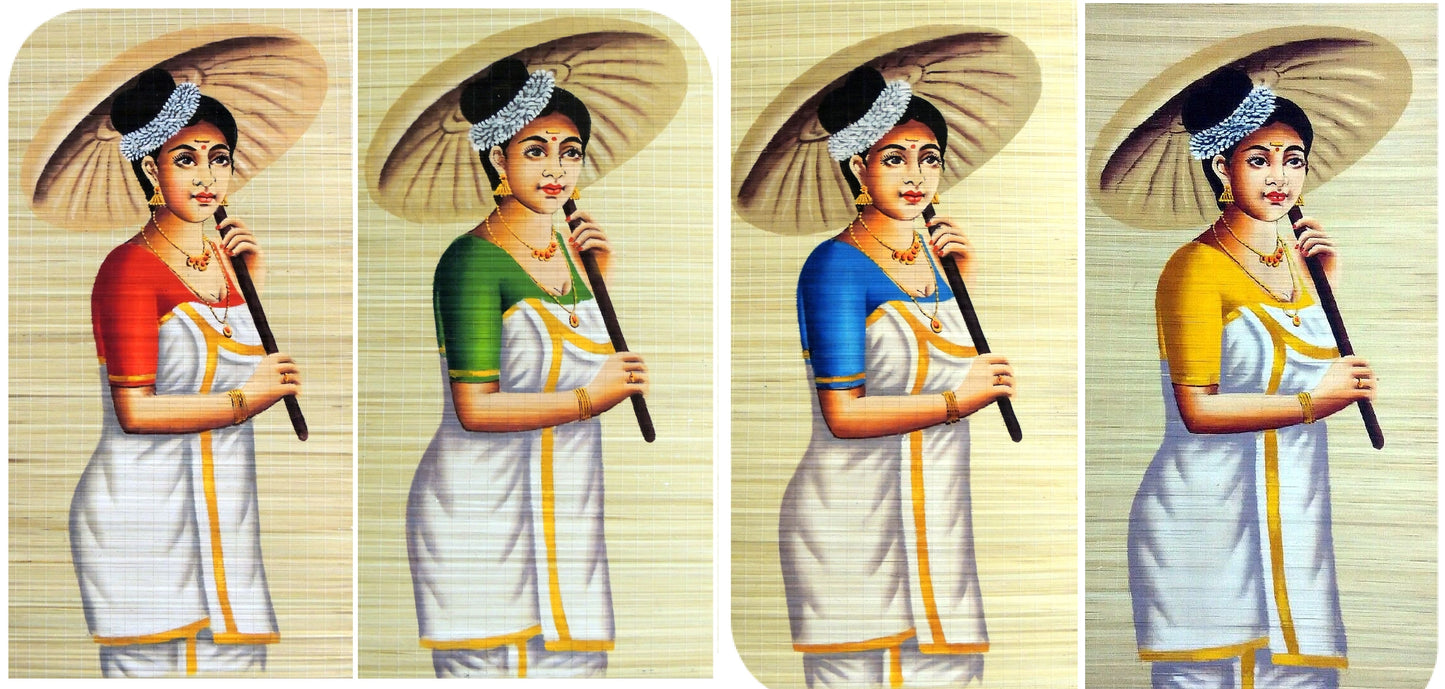 ZENRISE Traditional Lady Hand Painted Art Kerala on Woven Bamboo Mat for Wall Decor painting (Red, 2 x 4 feet )