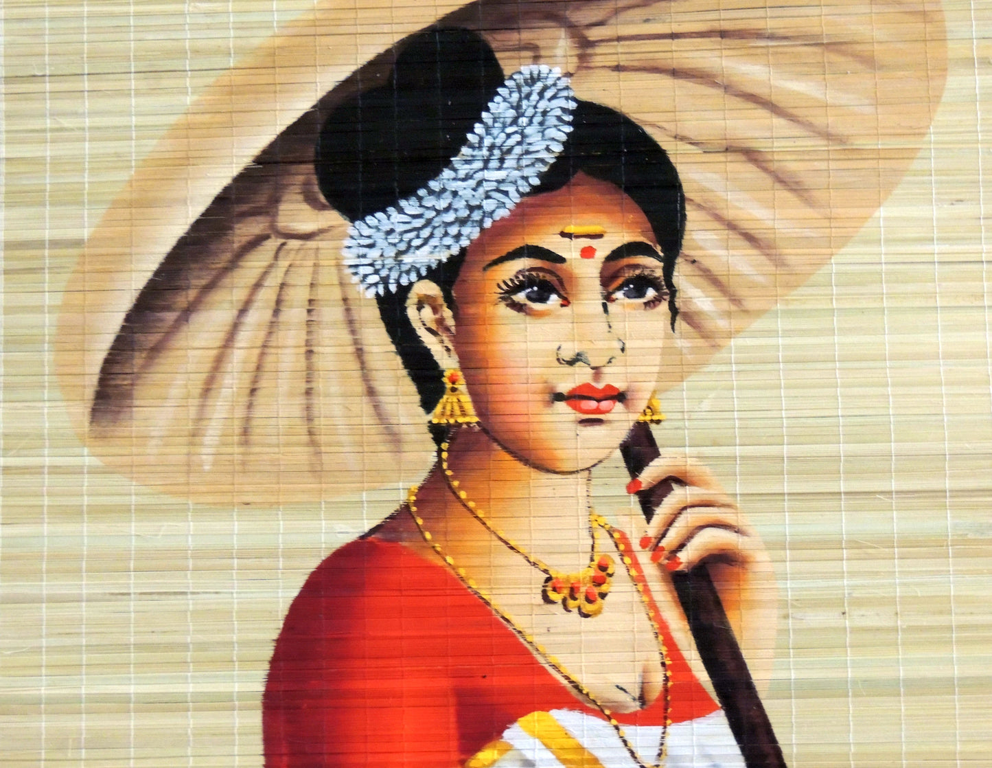 ZENRISE Traditional Lady Hand Painted Art Kerala on Woven Bamboo Mat for Wall Decor painting (Red, 2 x 4 feet )