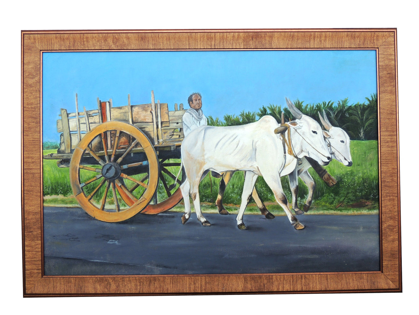 Farmer in Cart in Village Hand Painting original in Canvas, Framed, 60x40 cm