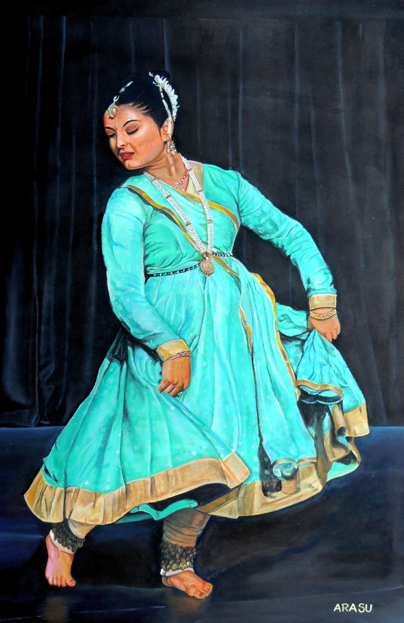 Kathak Dancer Hand Painting original in Canvas, Unframed, 56x90 cm