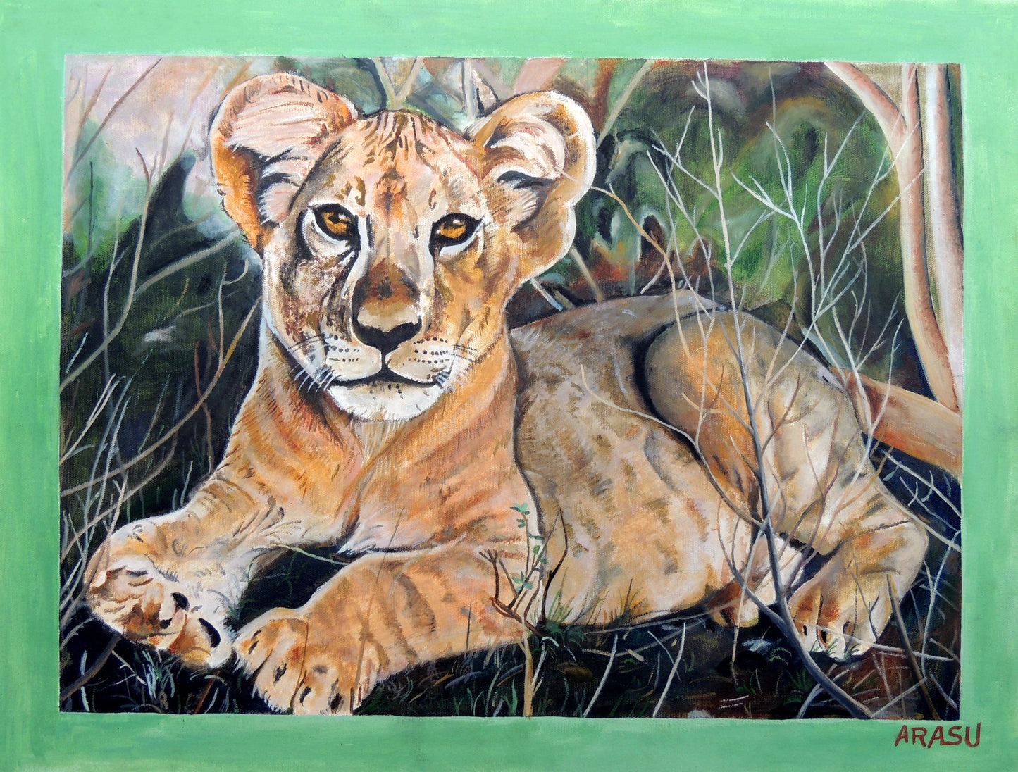 Lion cub Wildlife Hand Painting original in Canvas, Unframed, 50*32 cm