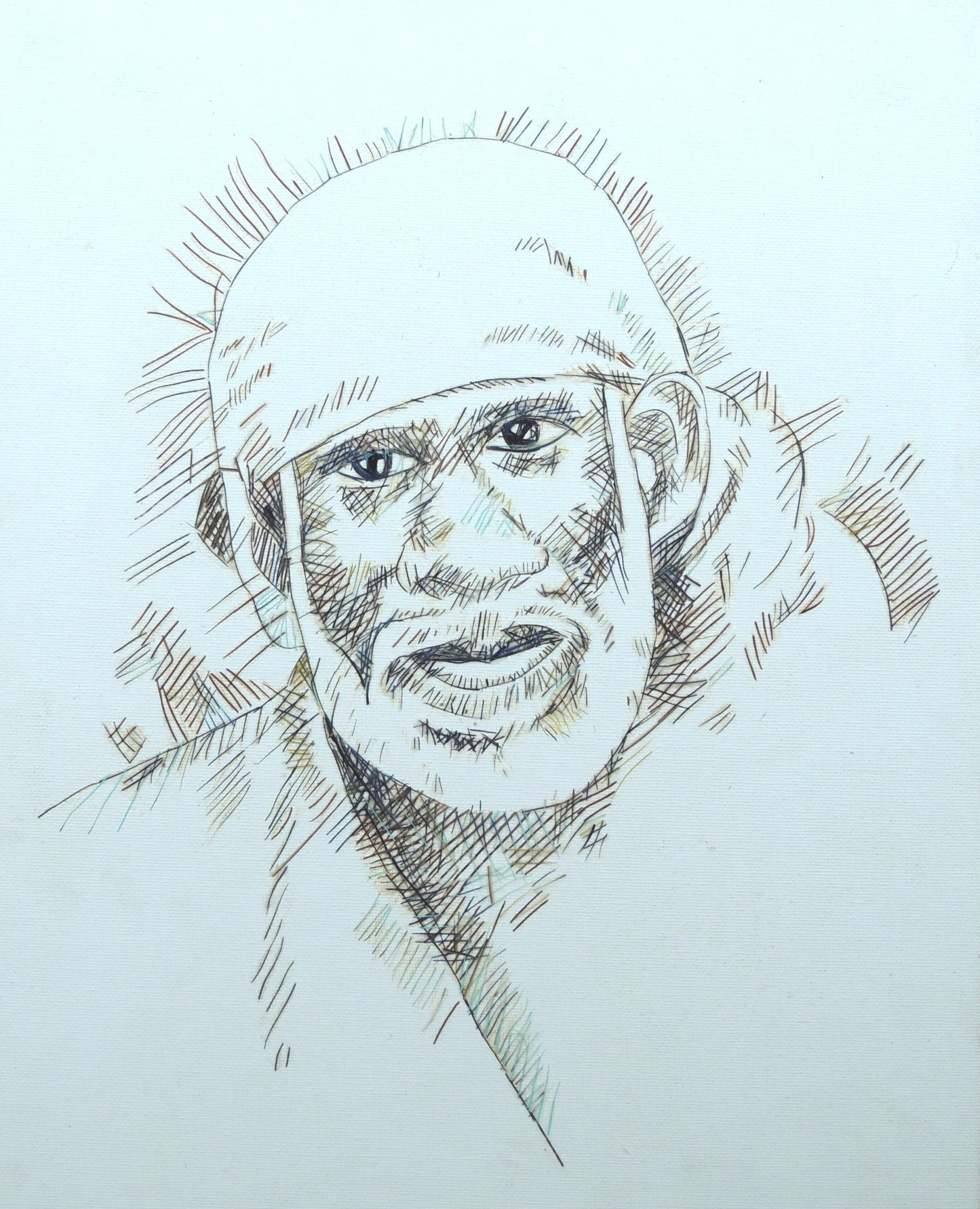 Saibaba using Peacock feathers original Artwork in Canvas, Unframed, 30*40 cm